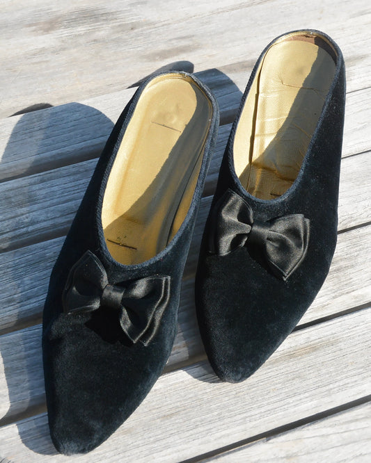 Vintage Black Velvet Bow Kitten Heel Mules