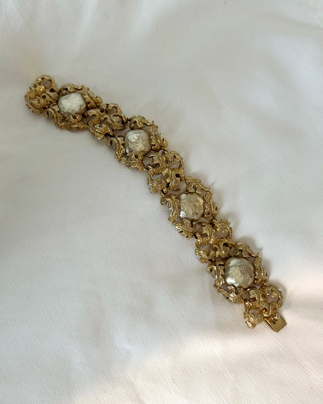 Vintage Ornate Gold Floral Bracelet with Baroque Pearls, in the style of Buccellati