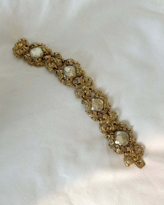 Vintage Ornate Gold Floral Bracelet with Baroque Pearls, in the style of Buccellati