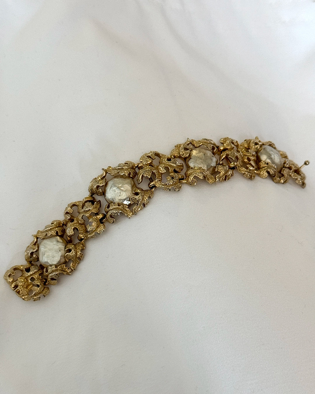 Vintage Ornate Gold Floral Bracelet with Baroque Pearls, in the style of Buccellati