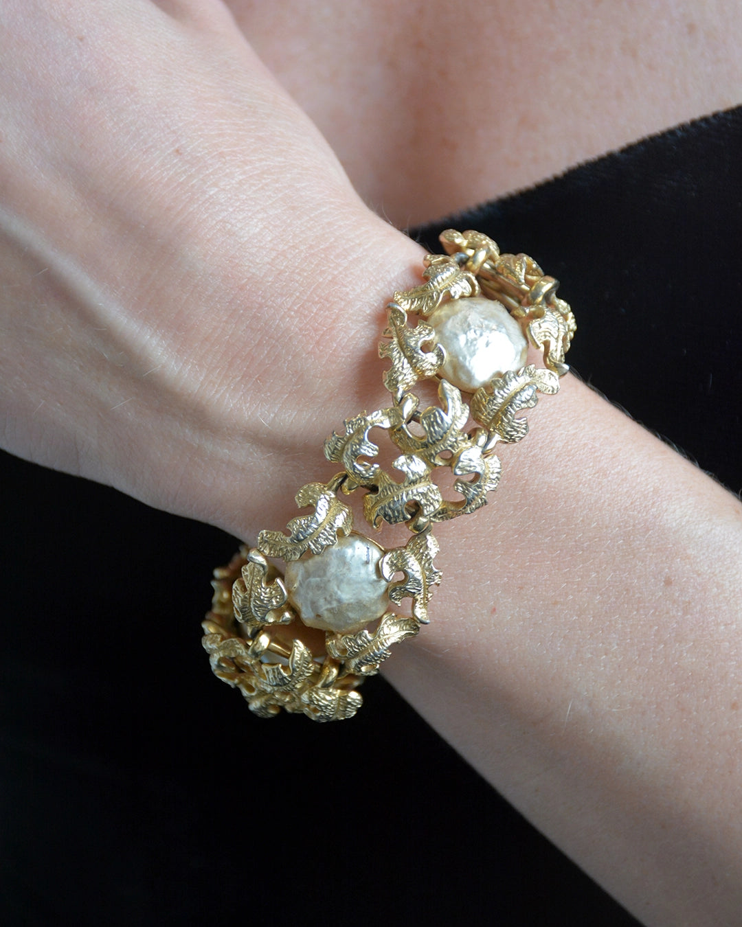 Vintage Ornate Gold Floral Bracelet with Baroque Pearls, in the style of Buccellati