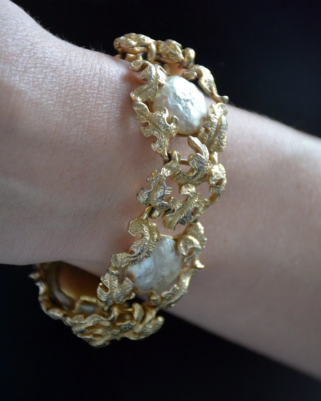 Vintage Ornate Gold Floral Bracelet with Baroque Pearls, in the style of Buccellati