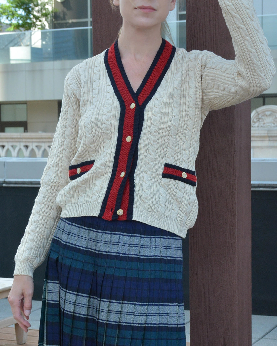 Vintage Cable Knit V-Neck Cardigan with Stripe Details