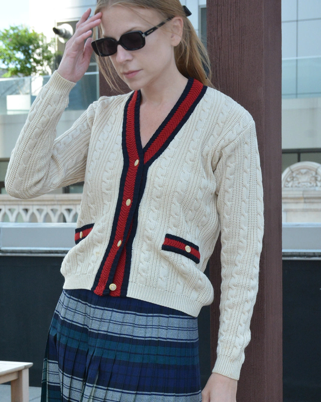 Vintage Cable Knit V-Neck Cardigan with Stripe Details