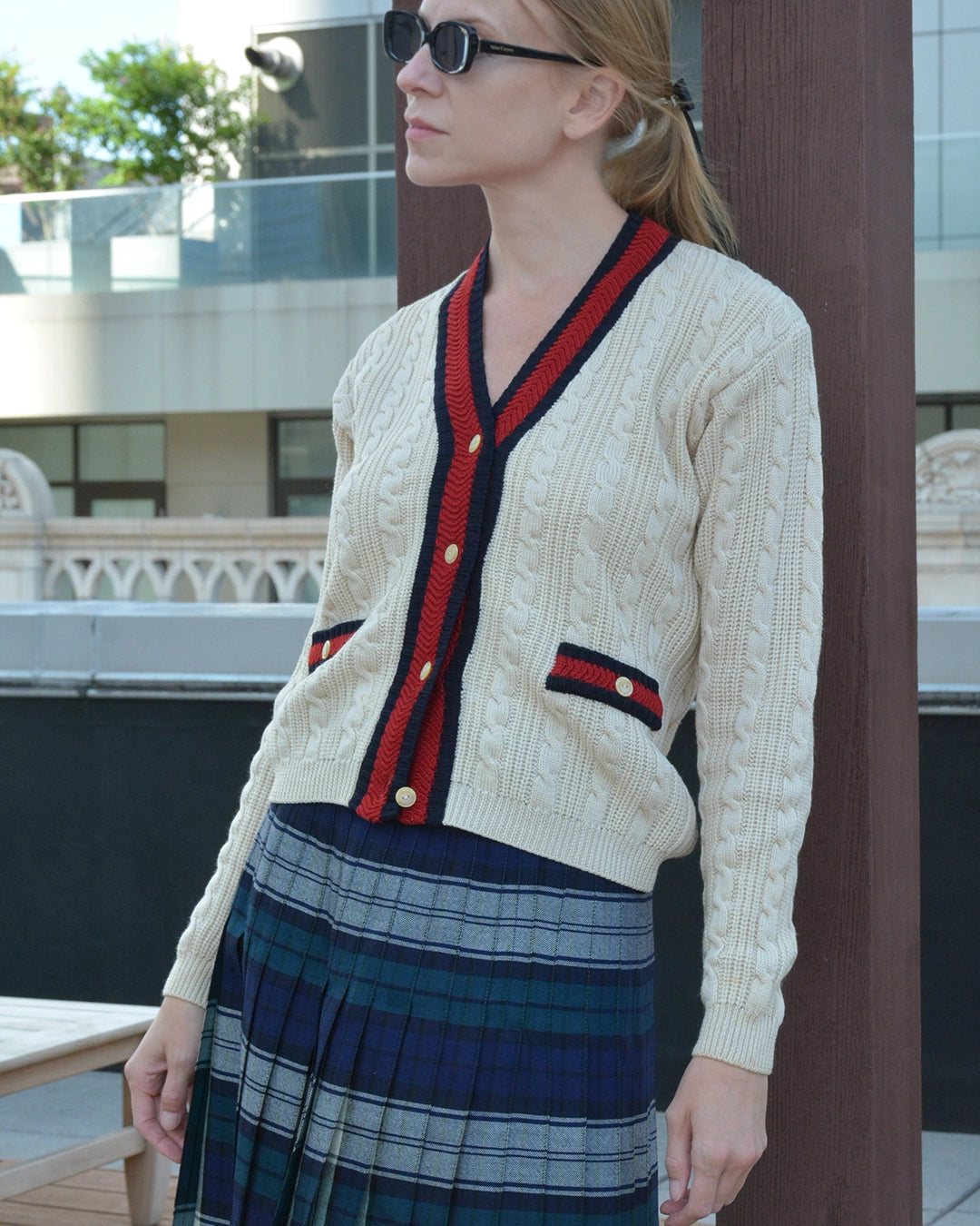 Vintage Cable Knit V-Neck Cardigan with Stripe Details