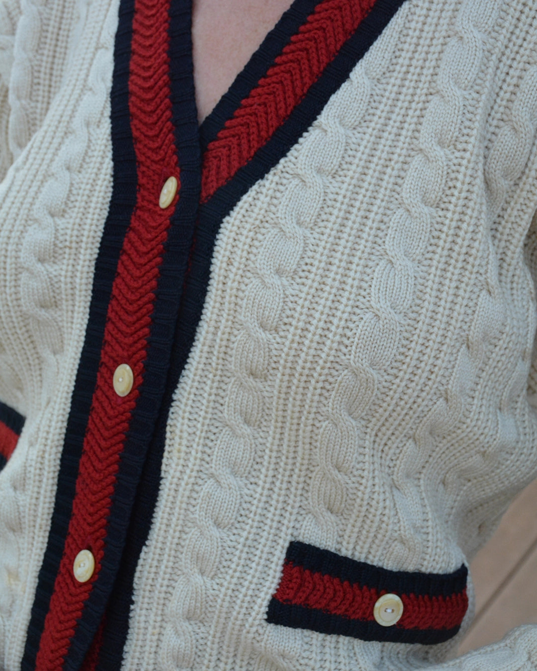 Vintage Cable Knit V-Neck Cardigan with Stripe Details