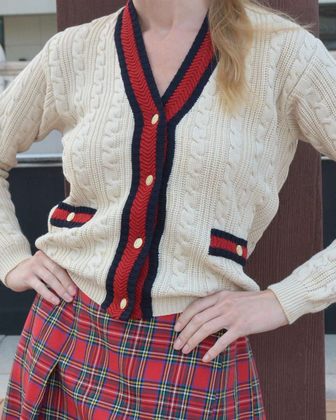 Vintage Cable Knit V-Neck Cardigan with Stripe Details