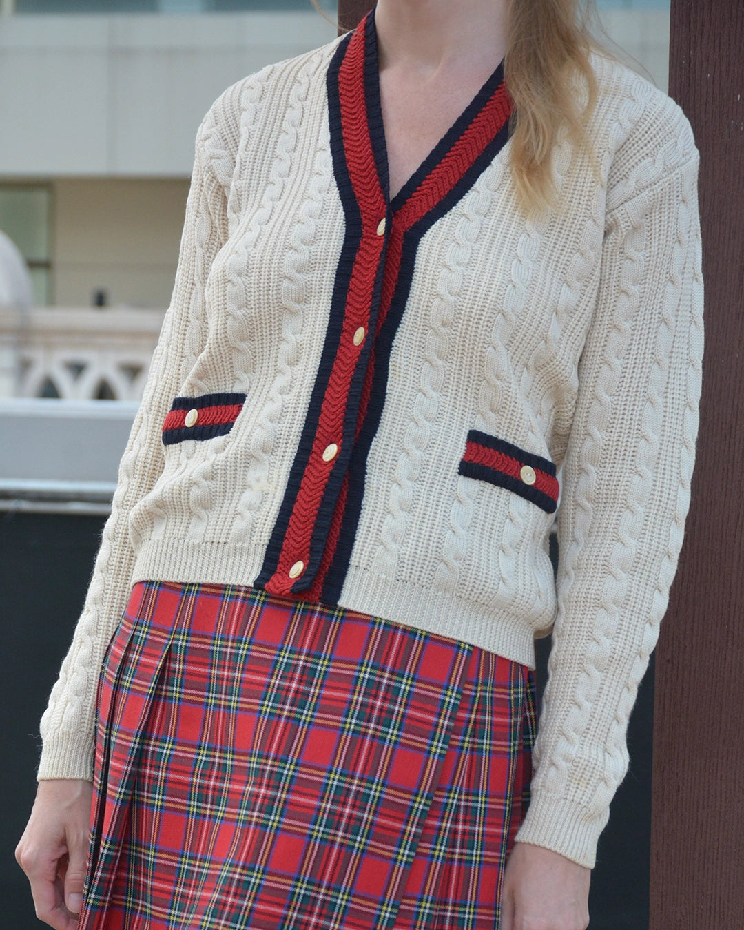 Vintage Cable Knit V-Neck Cardigan with Stripe Details