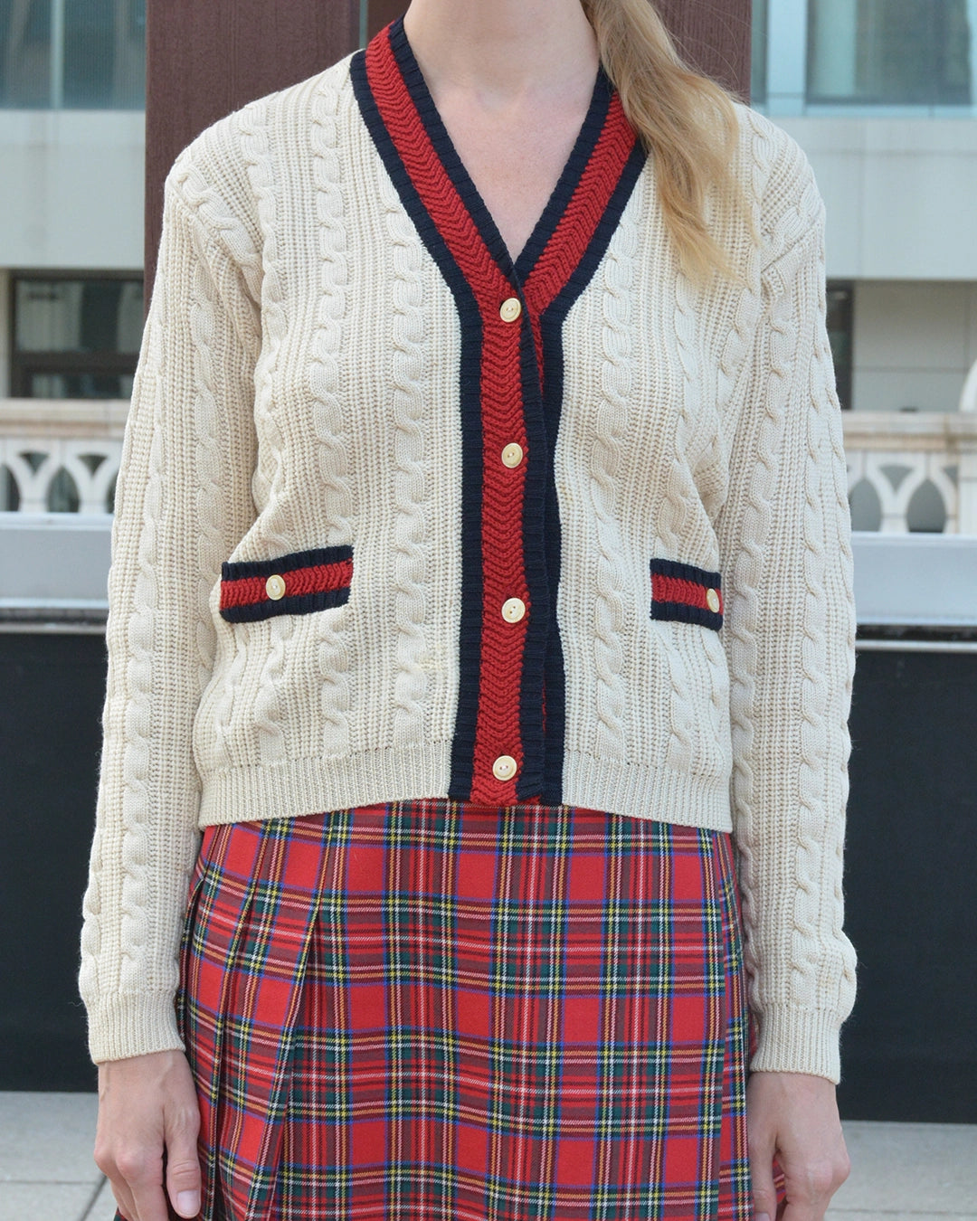 Vintage Cable Knit V-Neck Cardigan with Stripe Details