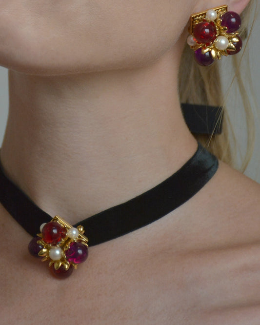 Vintage Cabochon Glass Ruby Stud Earrings + Choker Set