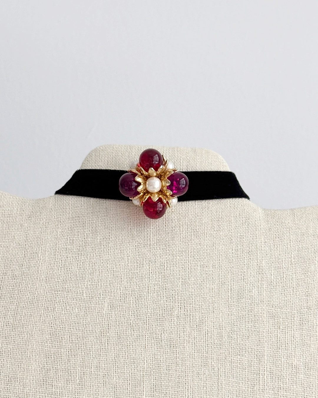 Vintage Cabochon Glass Ruby Stud Earrings + Choker Set