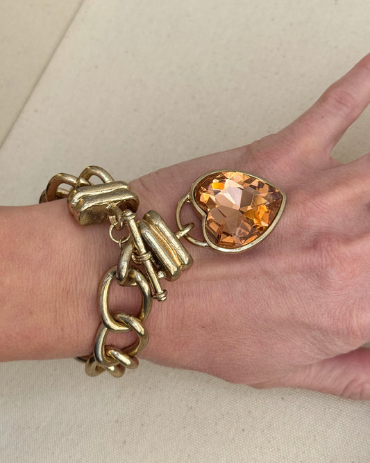 Vintage Chunky Gold Heart Charm Toggle Bracelet