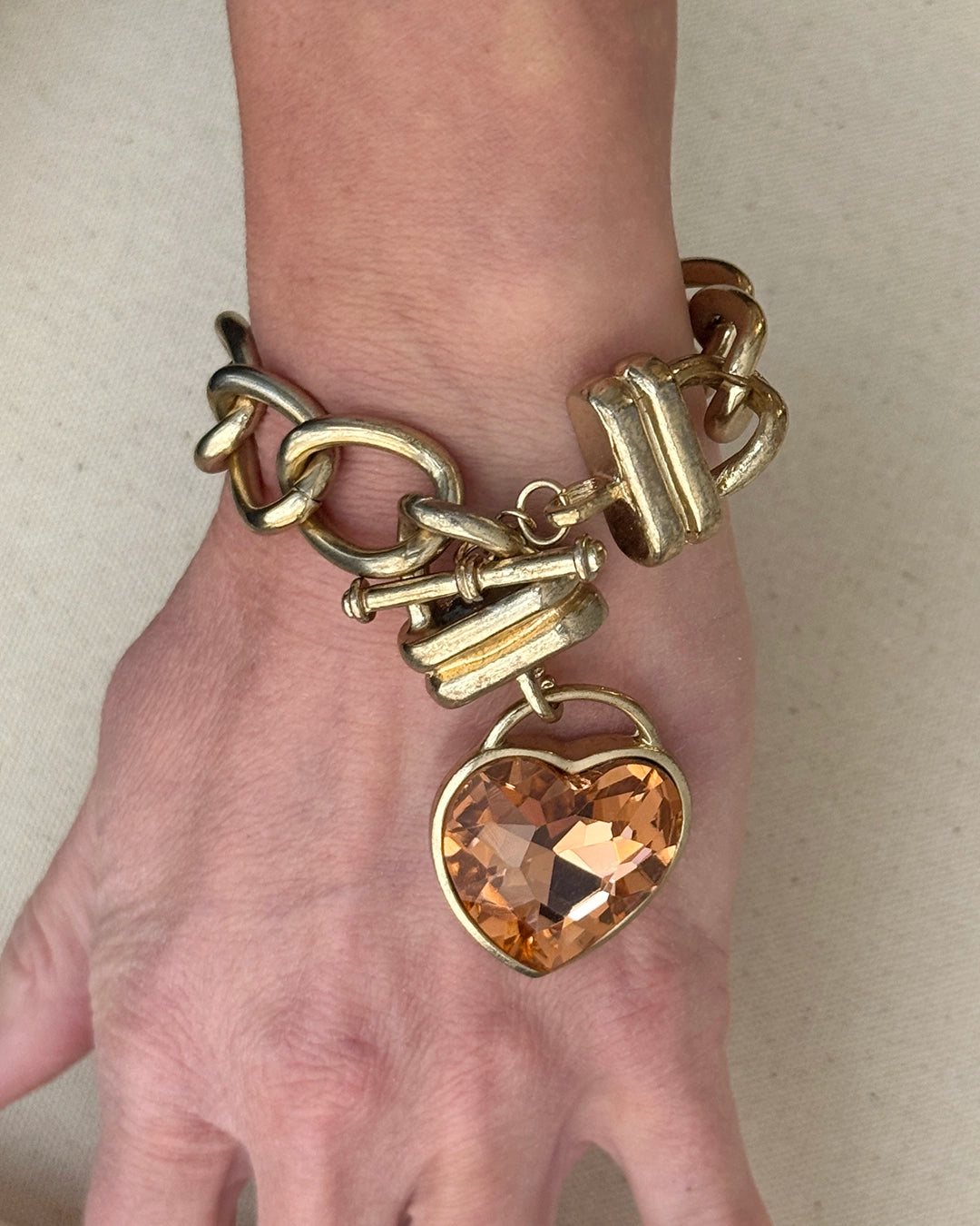 Vintage Chunky Gold Heart Charm Toggle Bracelet