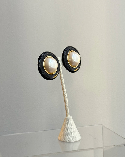 Vintage Chunky Pearl and Black Enamel Button Earrings