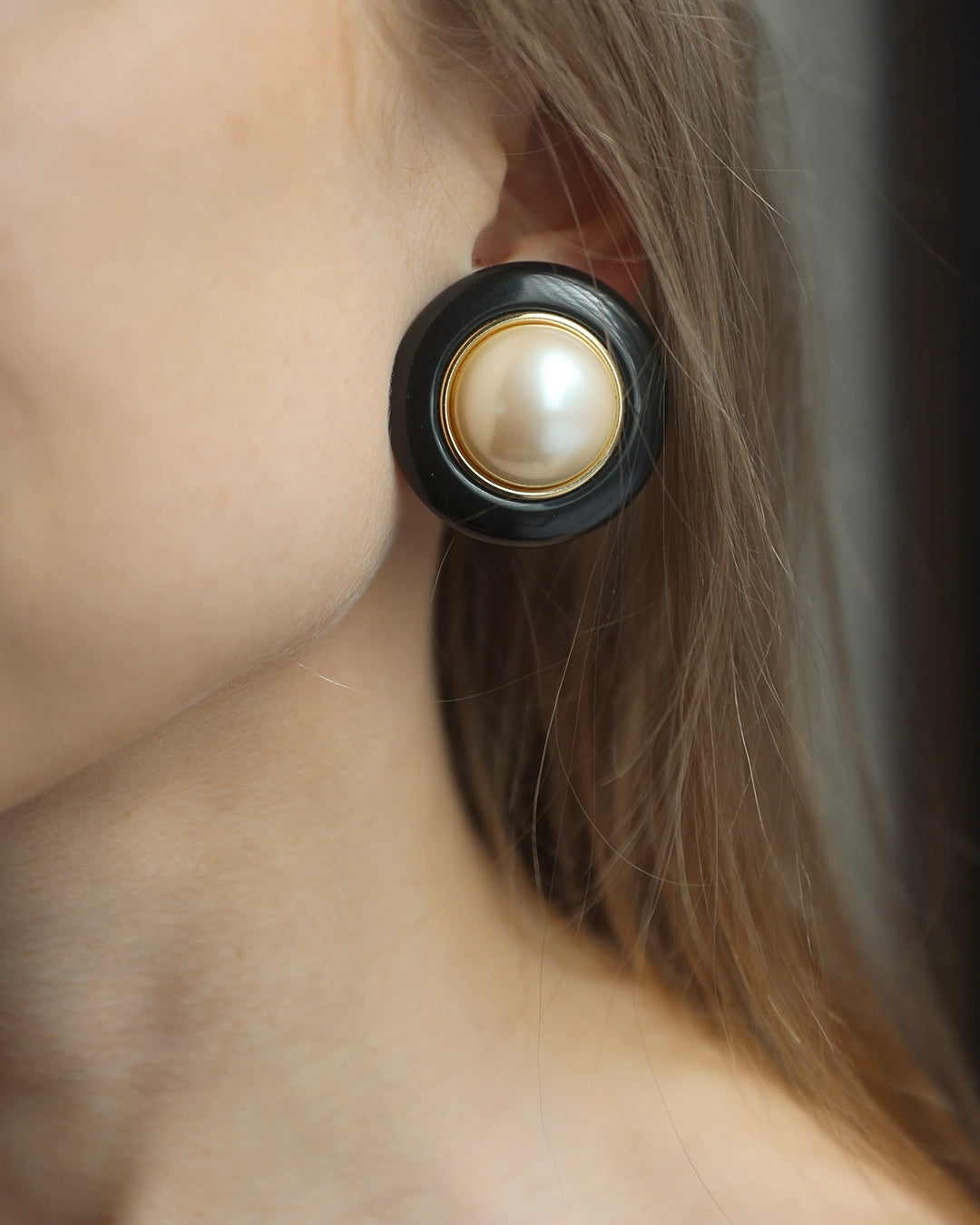 Vintage Chunky Pearl and Black Enamel Button Earrings