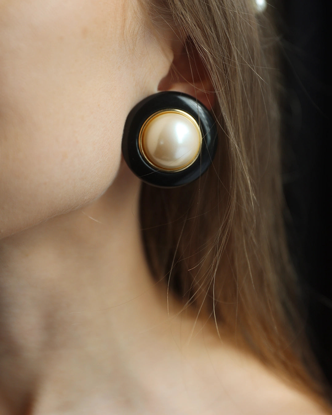 Vintage Chunky Pearl and Black Enamel Button Earrings