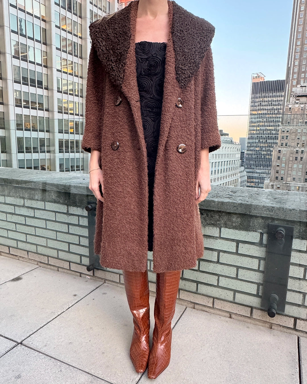 Vintage Double-Breasted Bouclé Wool Coat with Persian Lamb Collar