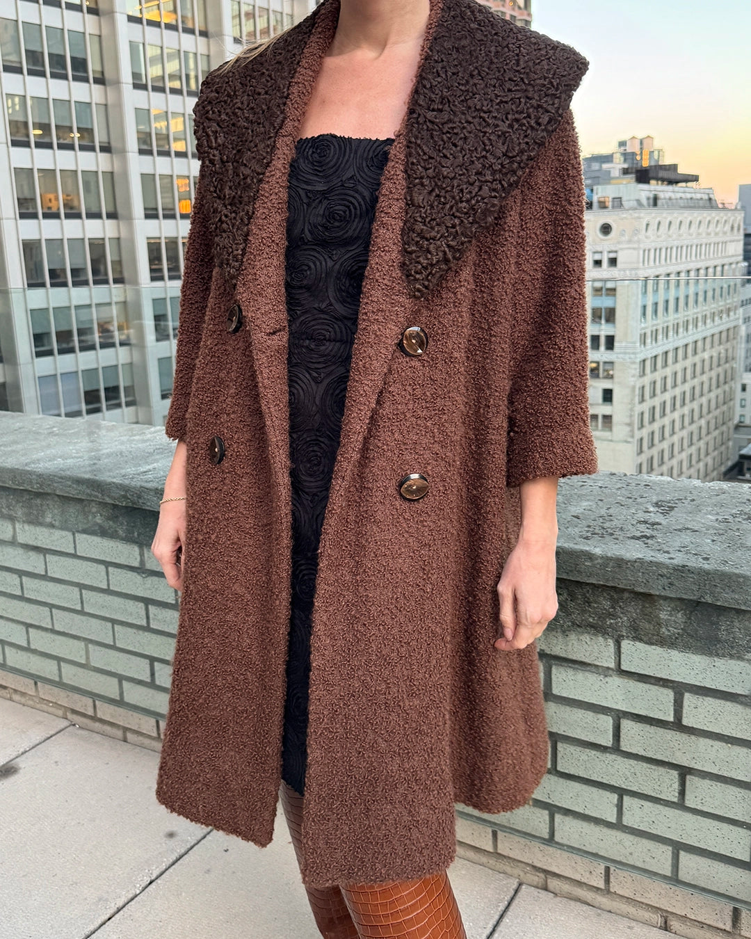 Vintage Double-Breasted Bouclé Wool Coat with Persian Lamb Collar