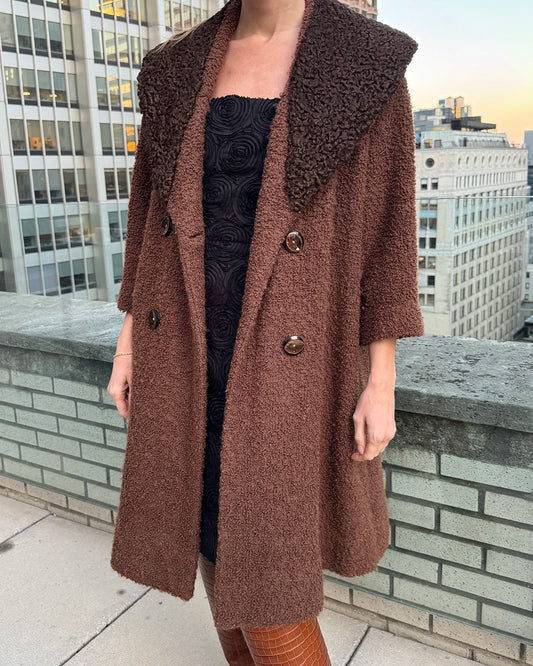 Vintage Double-Breasted Bouclé Wool Coat with Persian Lamb Collar