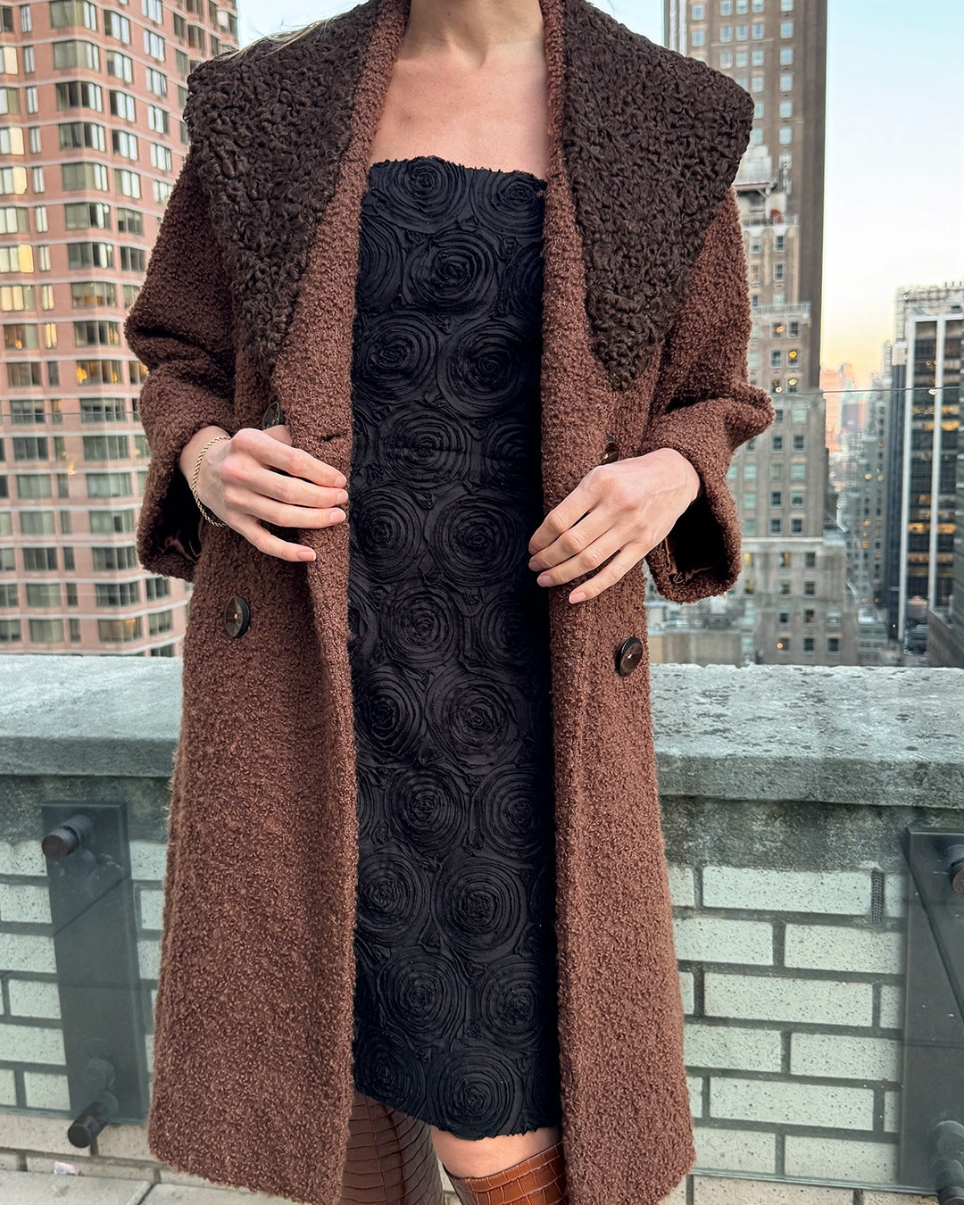 Vintage Double-Breasted Bouclé Wool Coat with Persian Lamb Collar