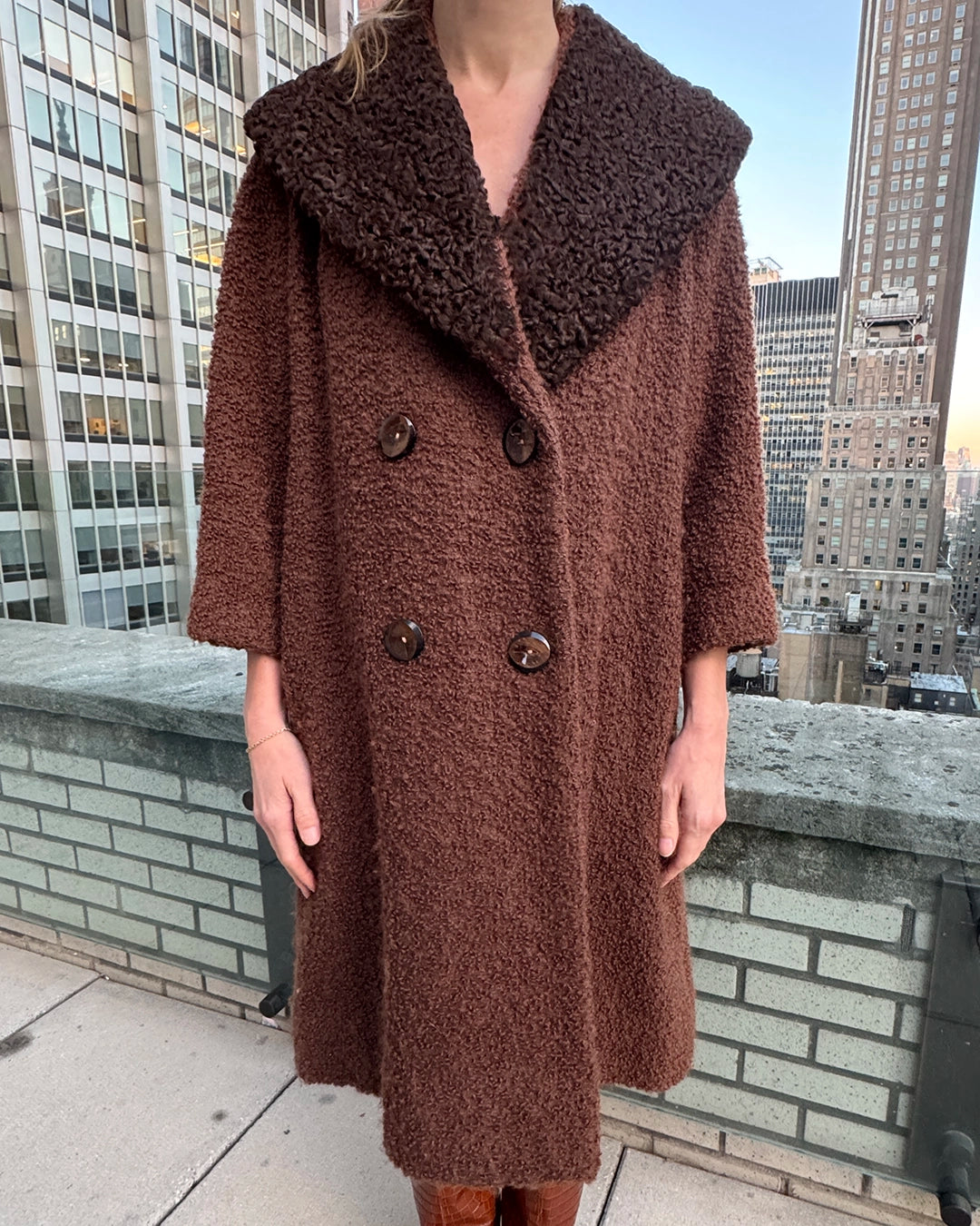 Vintage Double-Breasted Bouclé Wool Coat with Persian Lamb Collar