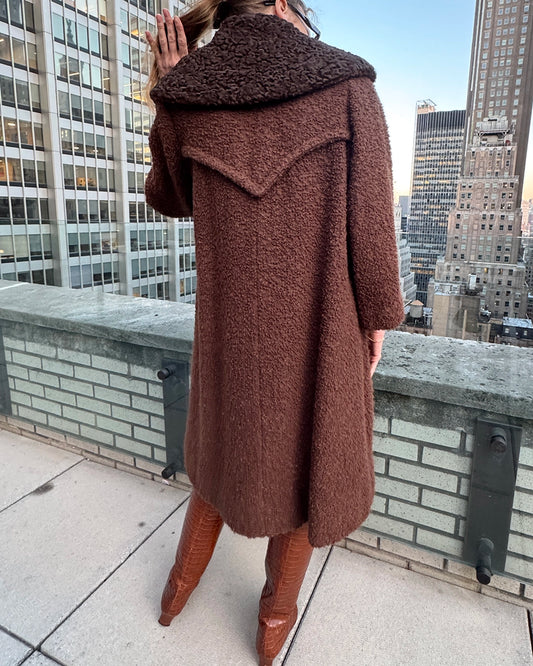 Vintage Double-Breasted Bouclé Wool Coat with Persian Lamb Collar