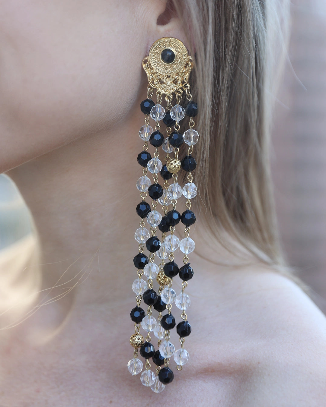 Vintage Dramatic Beaded Tassel Statement Earrings