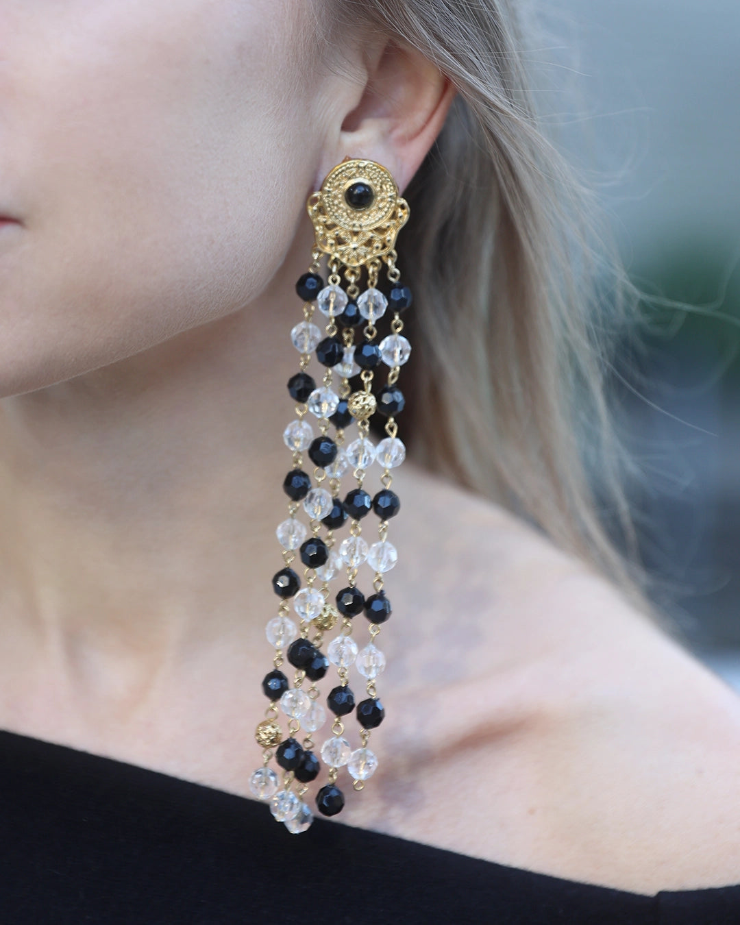 Vintage Dramatic Beaded Tassel Statement Earrings