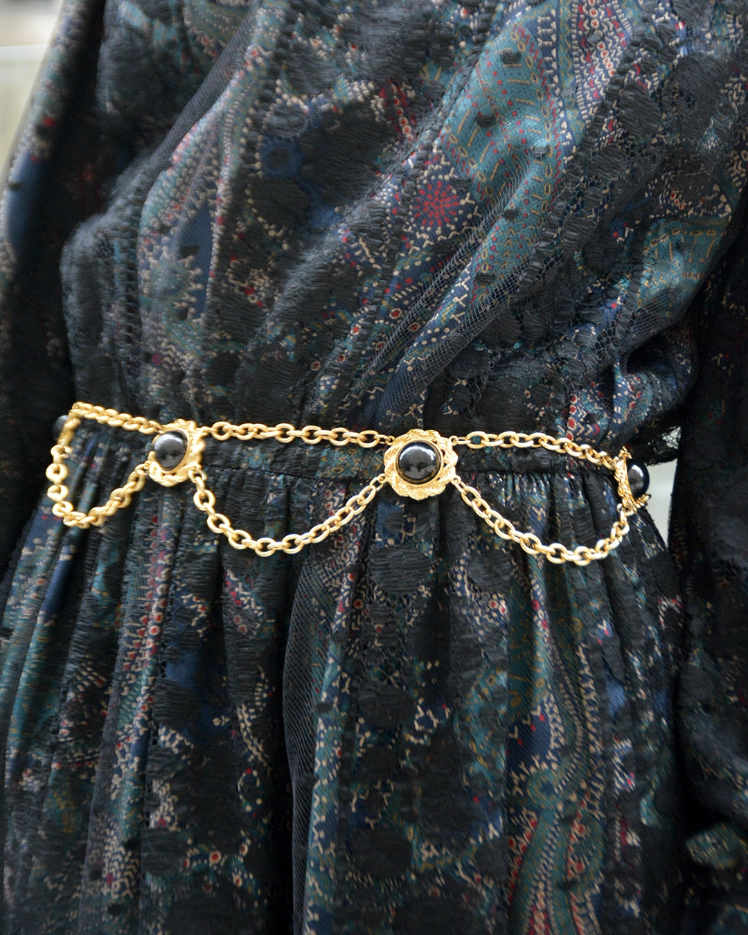 Vintage Draped Gold Chain Belt with Cabochon Stones