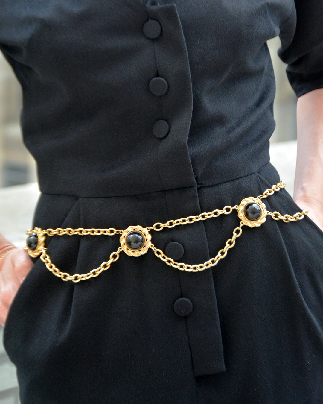 Vintage Draped Gold Chain Belt with Cabochon Stones