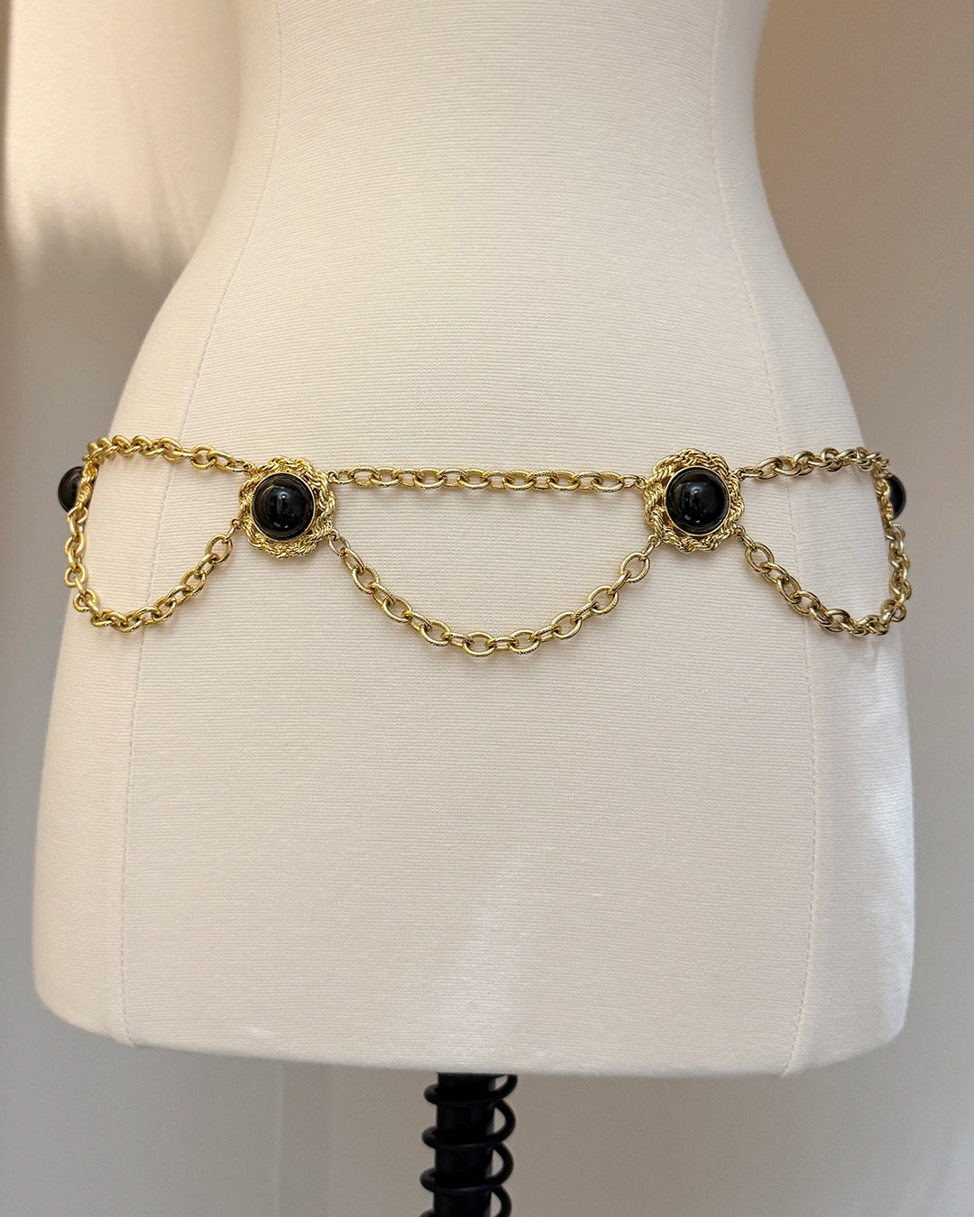 Vintage Draped Gold Chain Belt with Cabochon Stones
