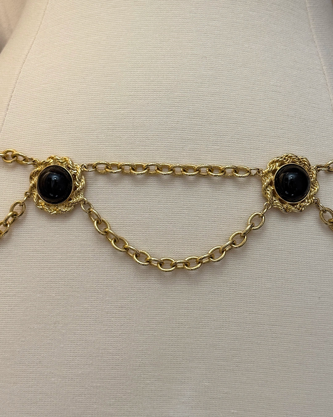 Vintage Draped Gold Chain Belt with Cabochon Stones