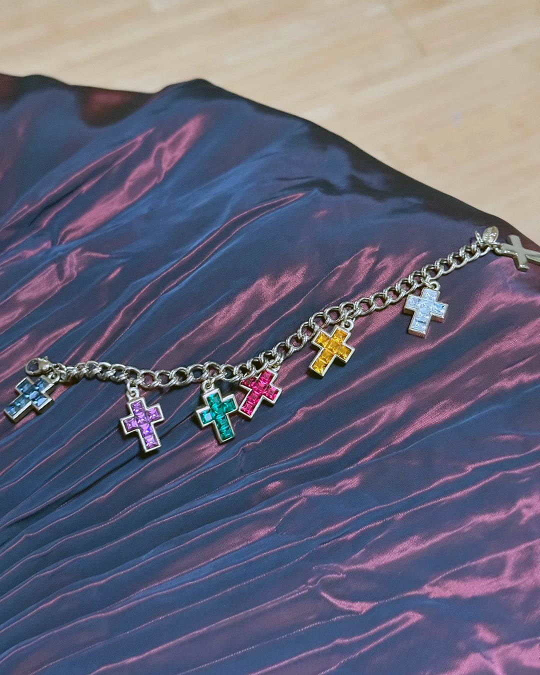 Vintage Duchess of Windsor Jeweled Gold Cross Charm Bracelet
