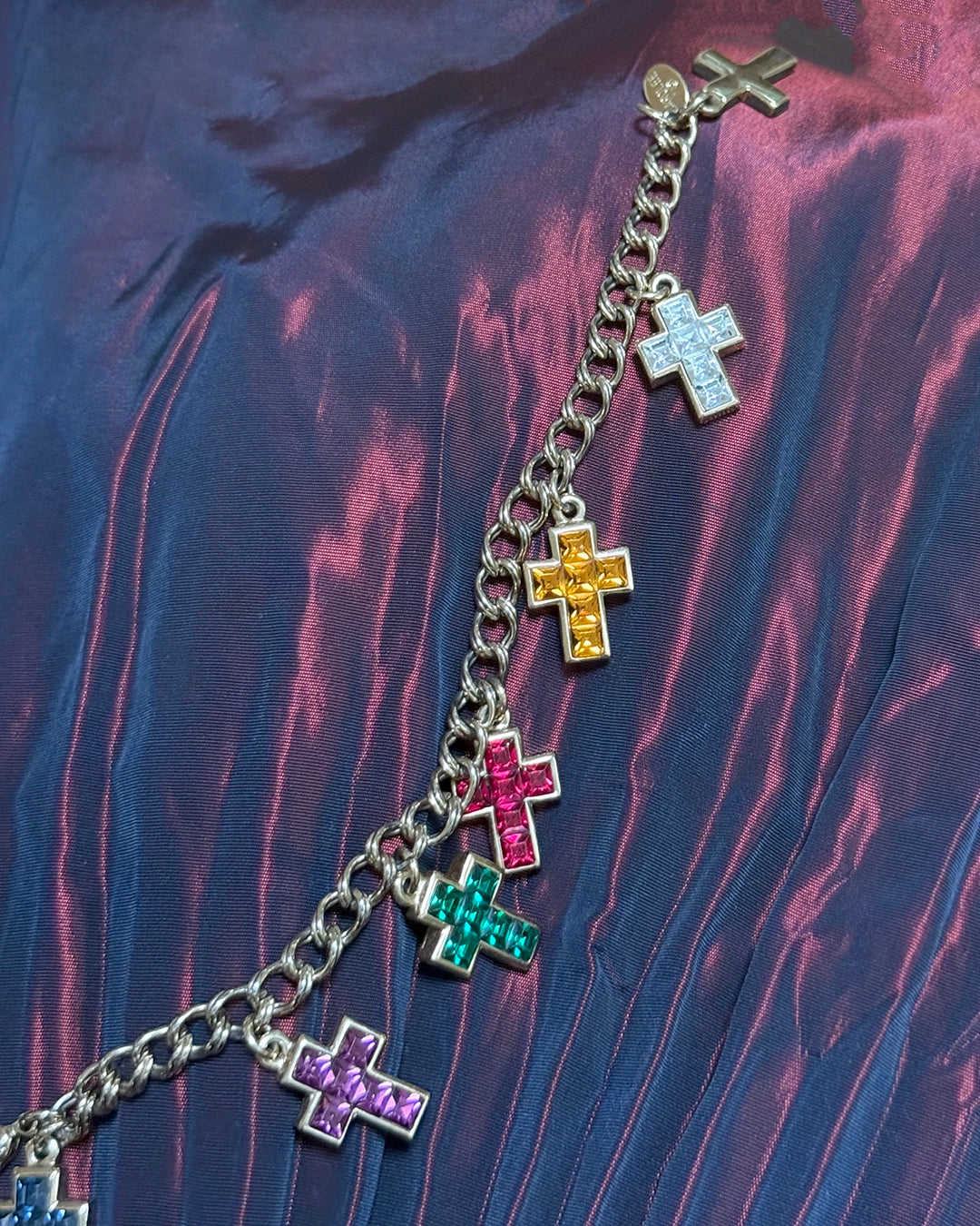 Vintage Duchess of Windsor Jeweled Gold Cross Charm Bracelet