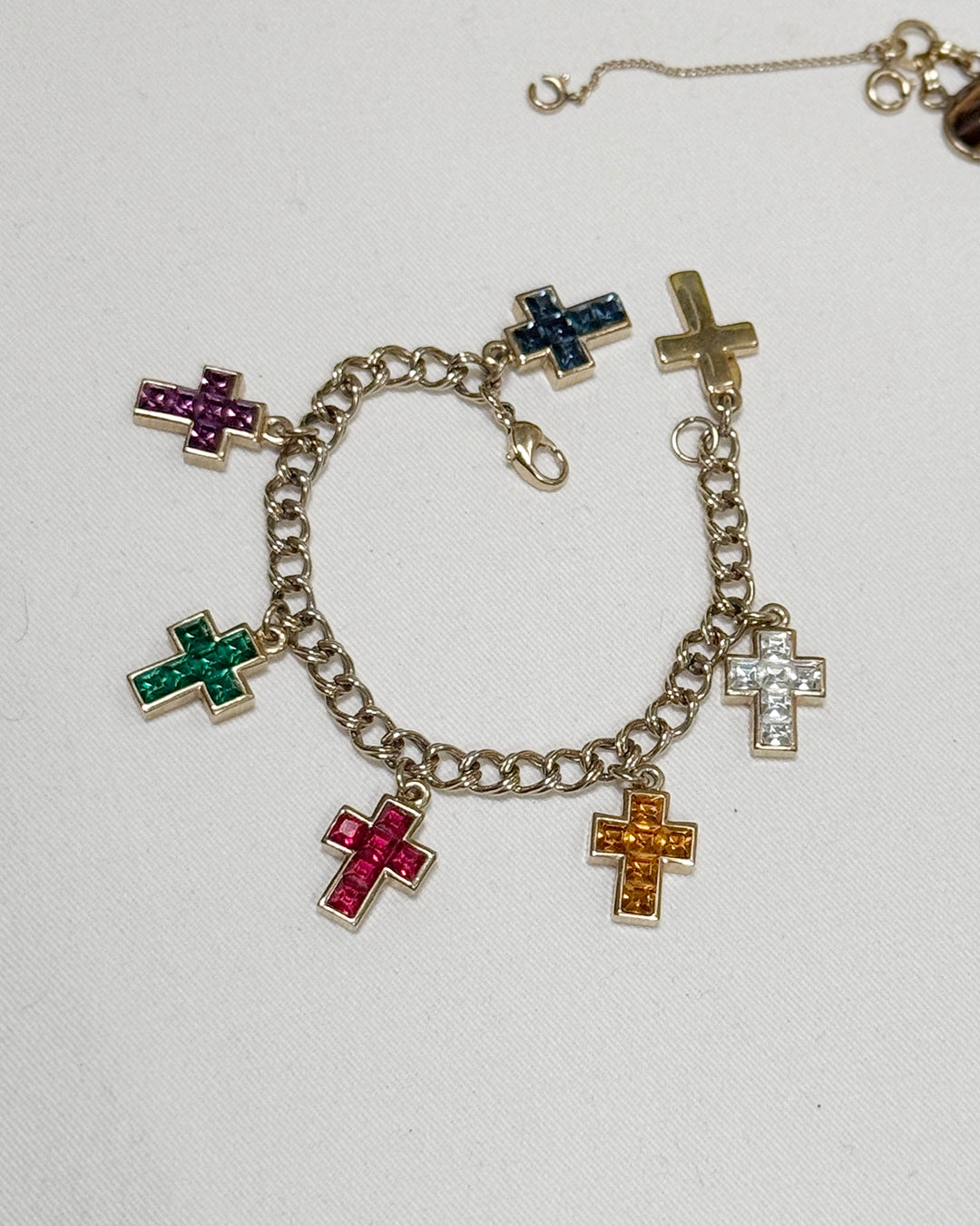 Vintage Duchess of Windsor Jeweled Gold Cross Charm Bracelet