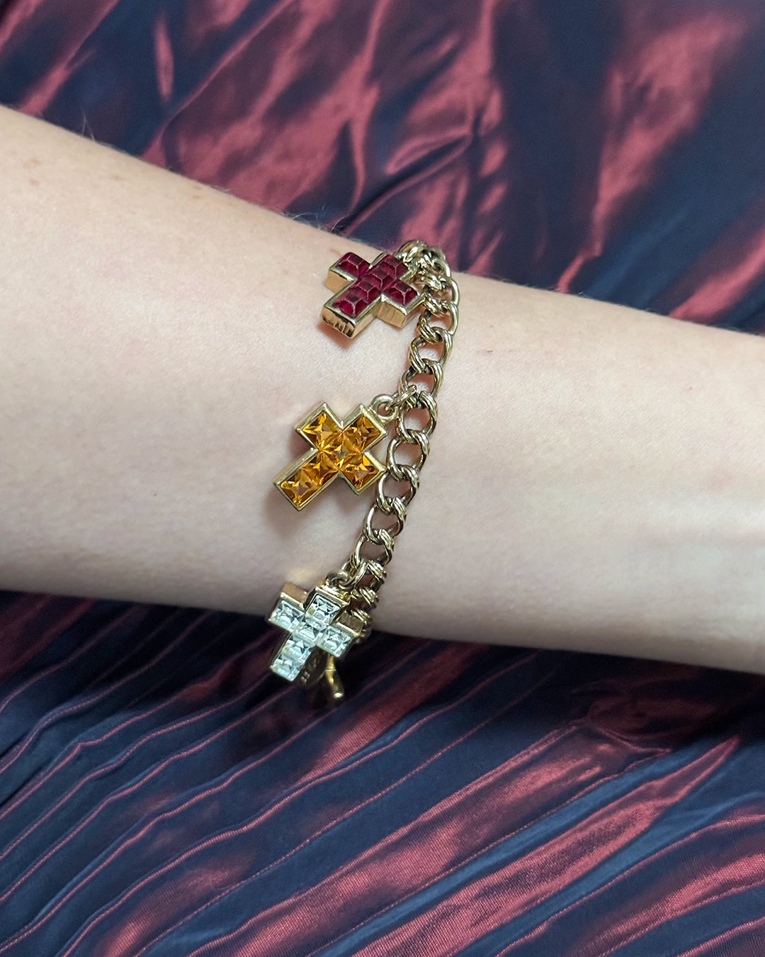 Vintage Duchess of Windsor Jeweled Gold Cross Charm Bracelet