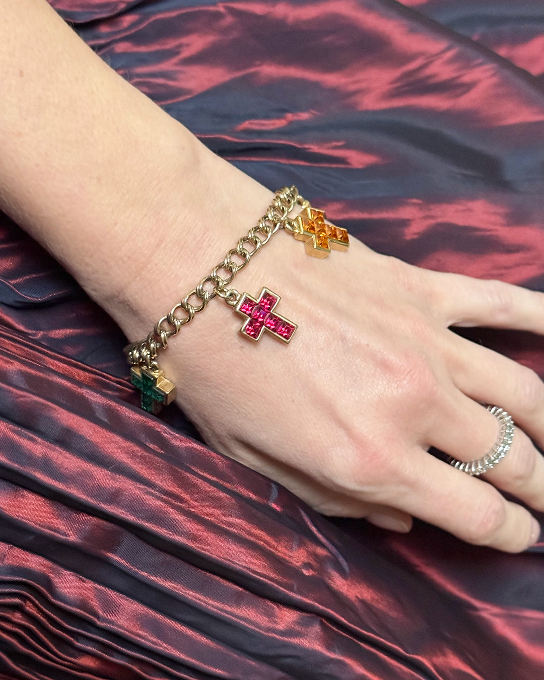 Vintage Duchess of Windsor Jeweled Gold Cross Charm Bracelet