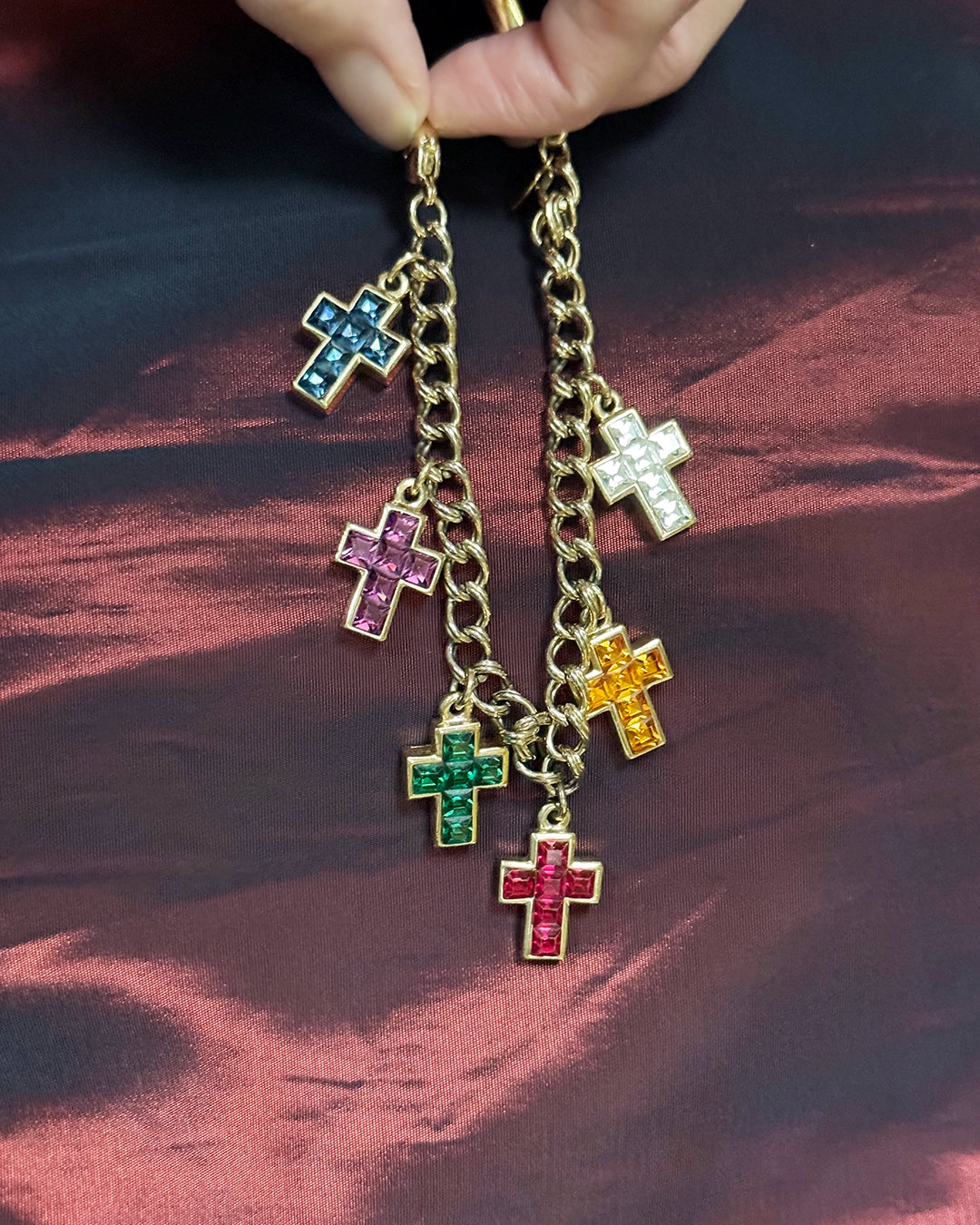 Vintage Duchess of Windsor Jeweled Gold Cross Charm Bracelet