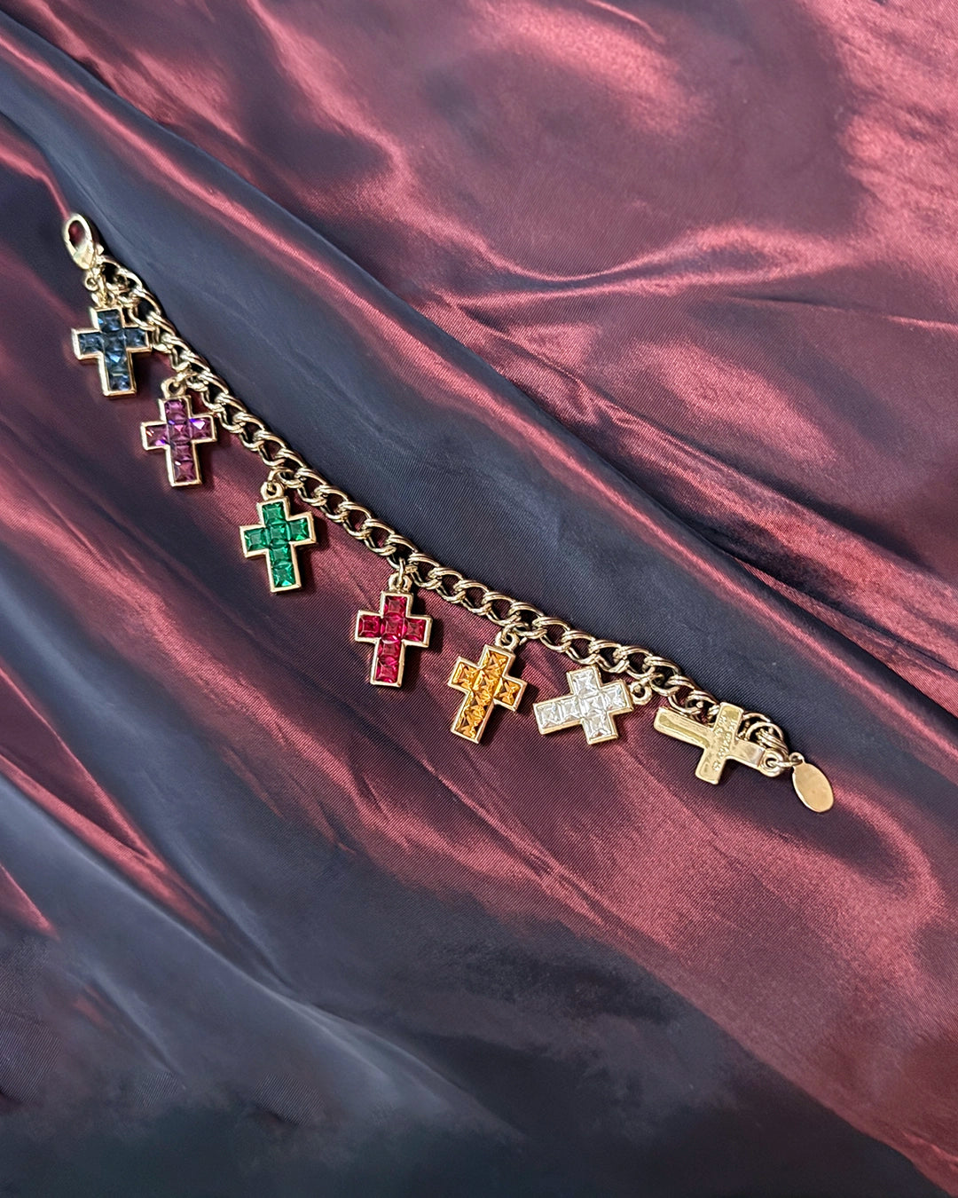 Vintage Duchess of Windsor Jeweled Gold Cross Charm Bracelet