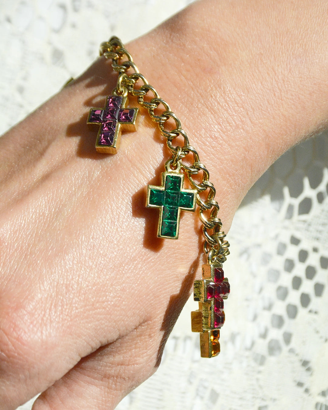 Vintage Duchess of Windsor Jeweled Gold Cross Charm Bracelet