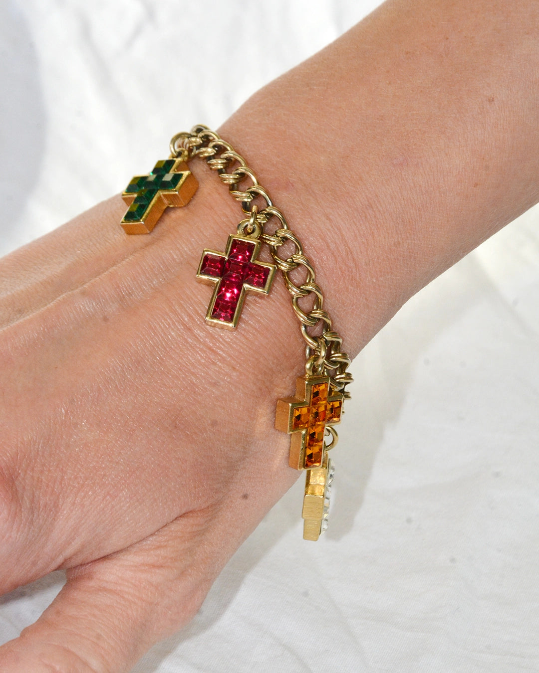 Vintage Duchess of Windsor Jeweled Gold Cross Charm Bracelet