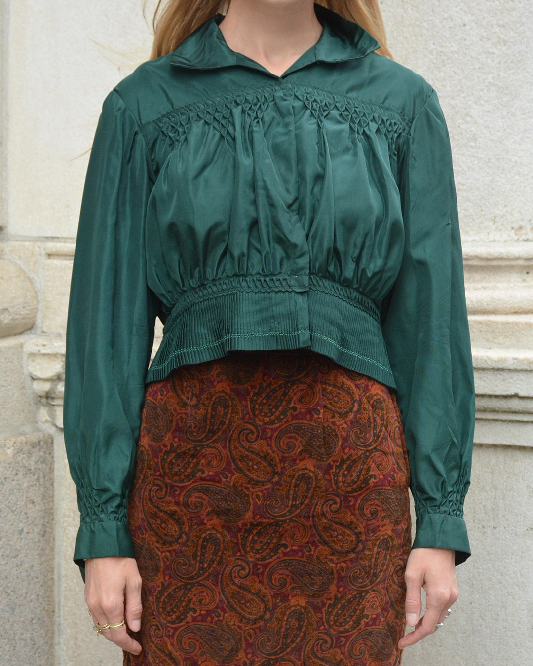 Vintage Emerald Green Taffeta Folk Blouse