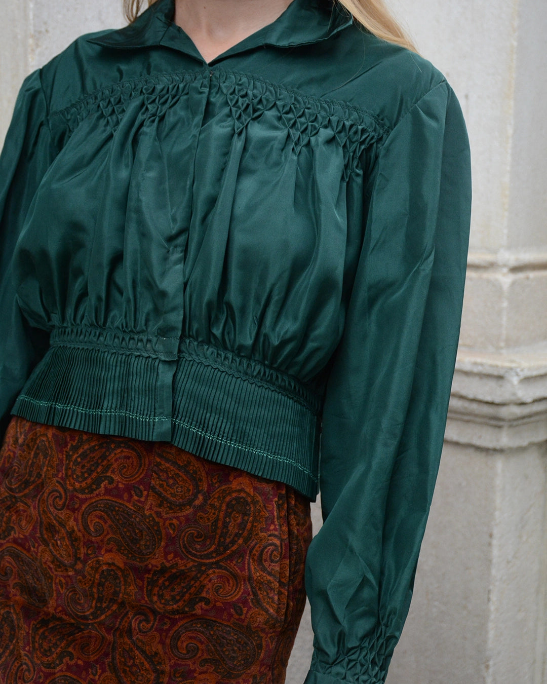 Vintage Emerald Green Taffeta Folk Blouse