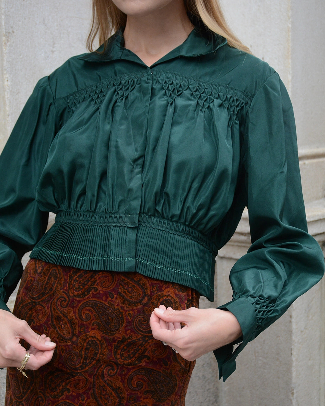 Vintage Emerald Green Taffeta Folk Blouse