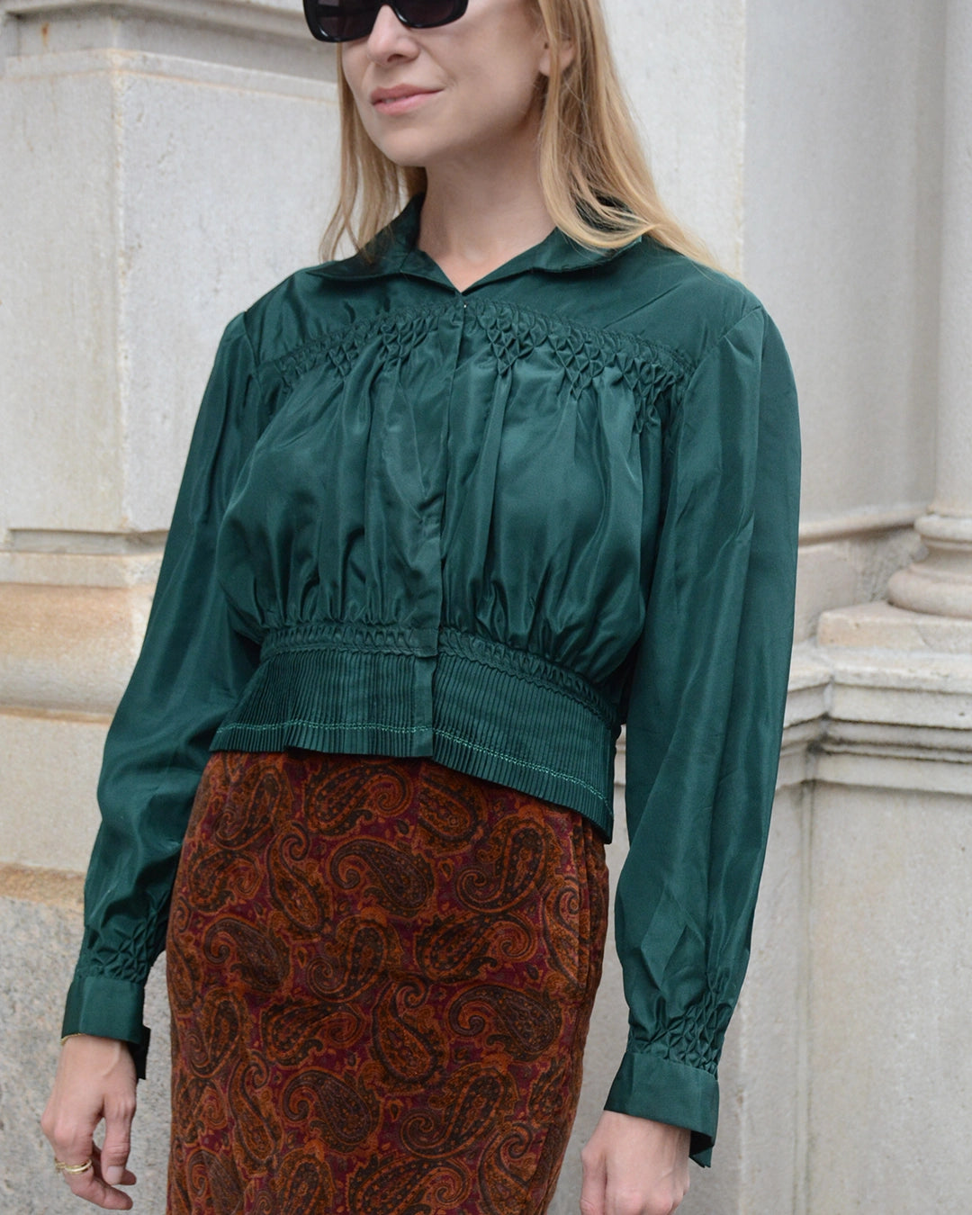 Vintage Emerald Green Taffeta Folk Blouse