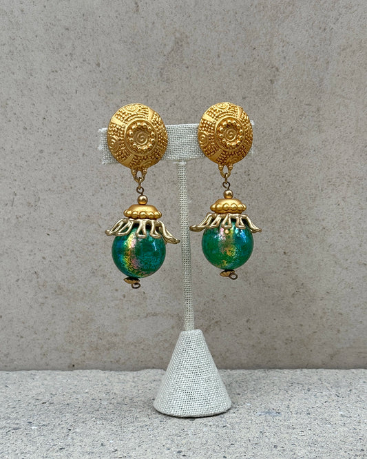 Vintage Etruscan Gold and Marbled Drop Earrings