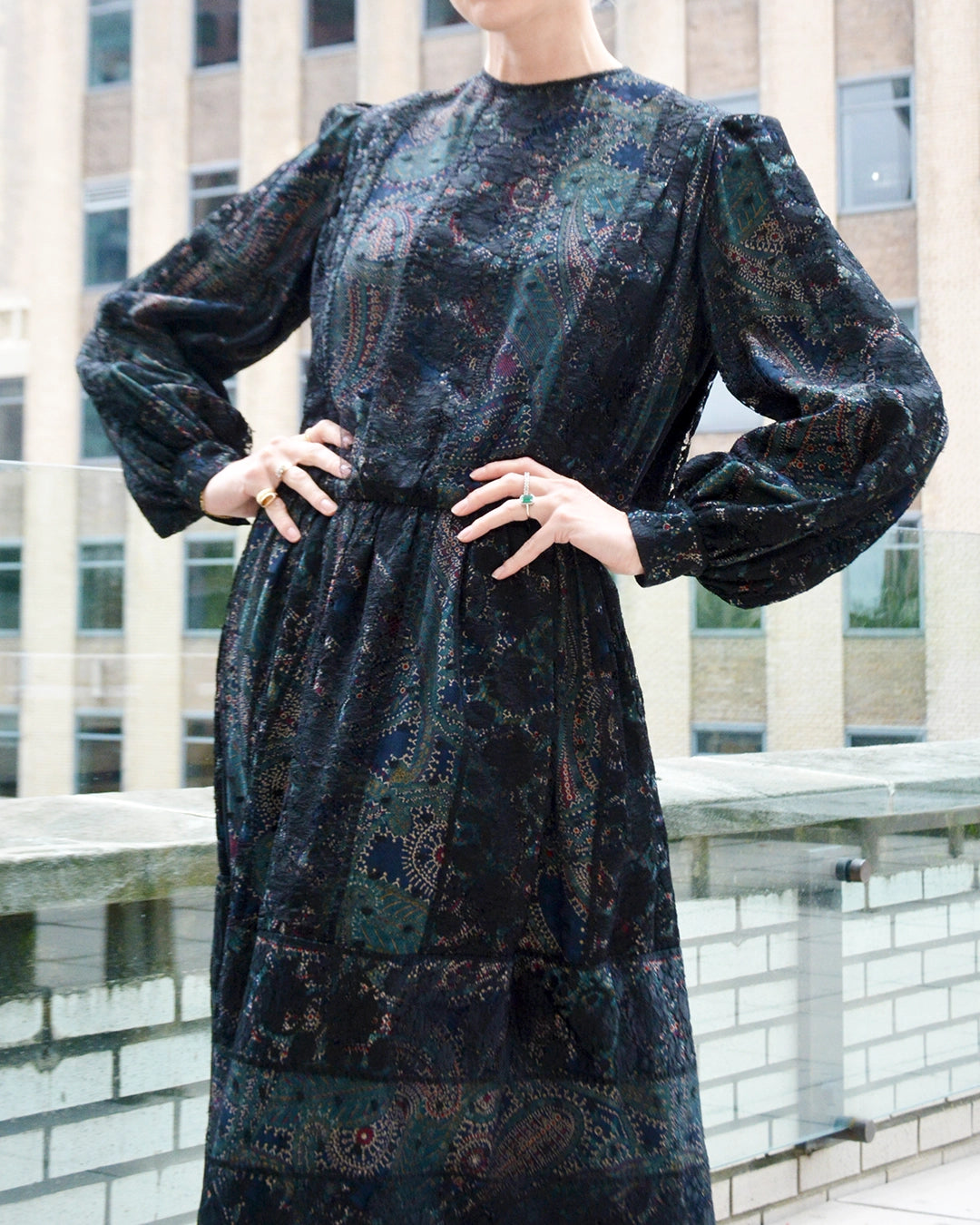 Vintage Galanos Paisley Silk Dress with Lace Overlay