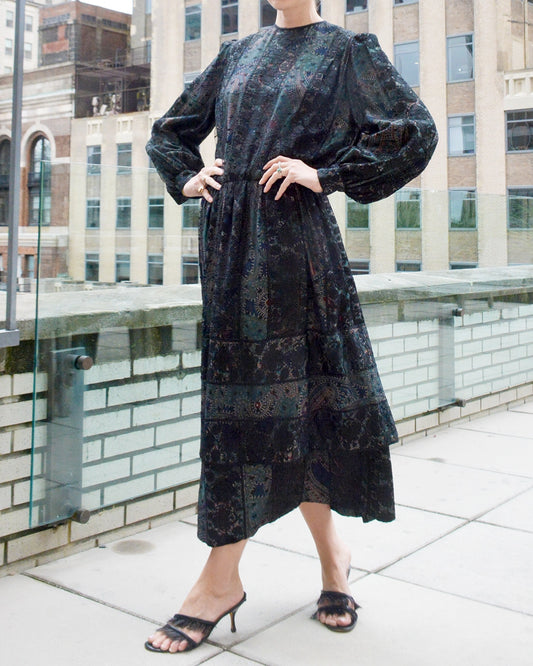 Vintage Galanos Paisley Silk Dress with Lace Overlay