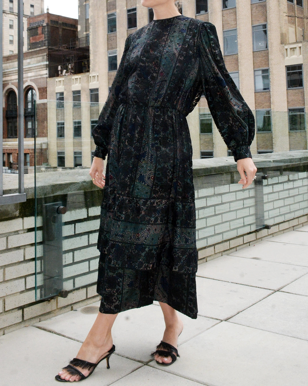 Vintage Galanos Paisley Silk Dress with Lace Overlay