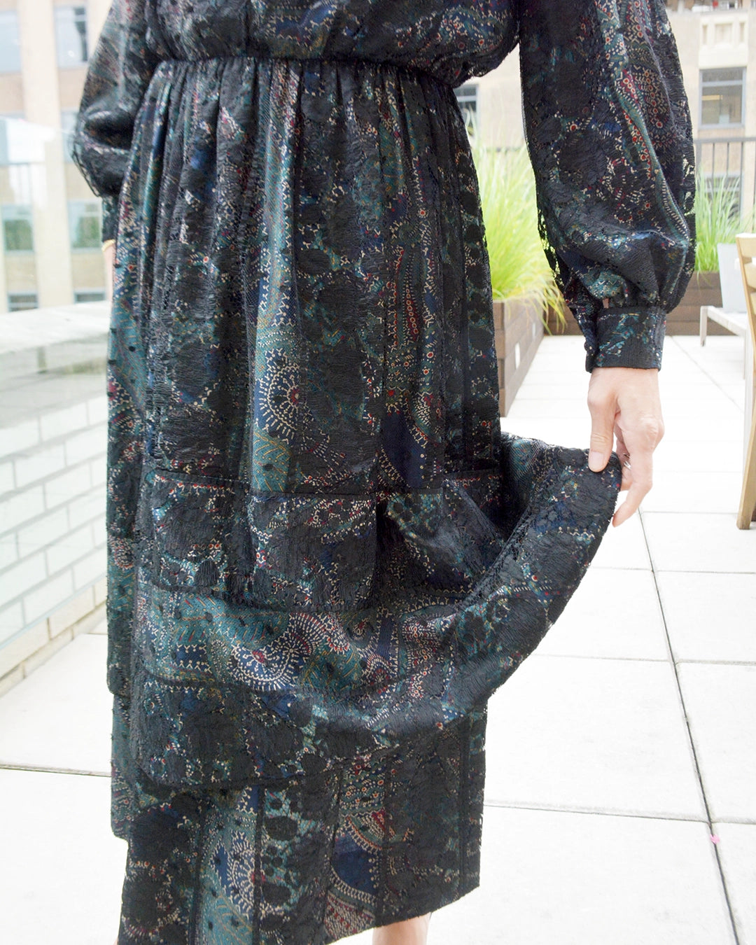 Vintage Galanos Paisley Silk Dress with Lace Overlay